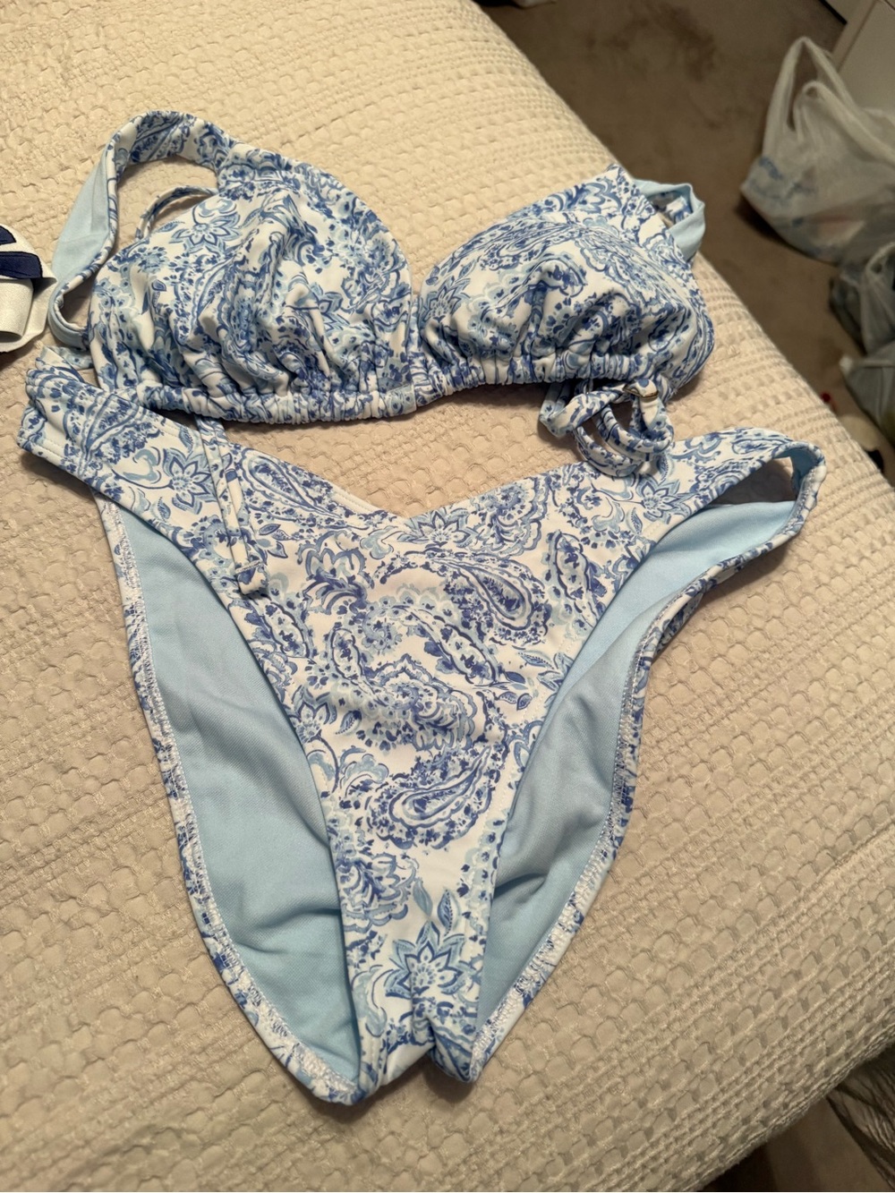 Paisley Print Light Blue & White Women's Bikini Set
